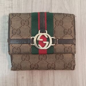 AUTHENTIC GUCCI INTERLOCKING G MONOGRAM LOGO SHERRY RACING STRIPE BIFOLD WALLET